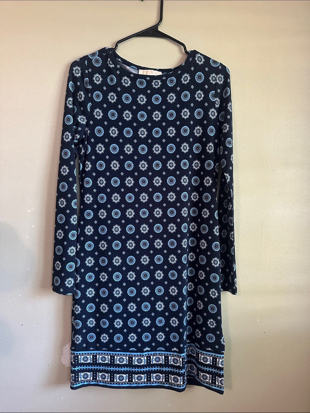 Michael Kors Navy Dress with Light Blue Medallion Print - Long Sleeve